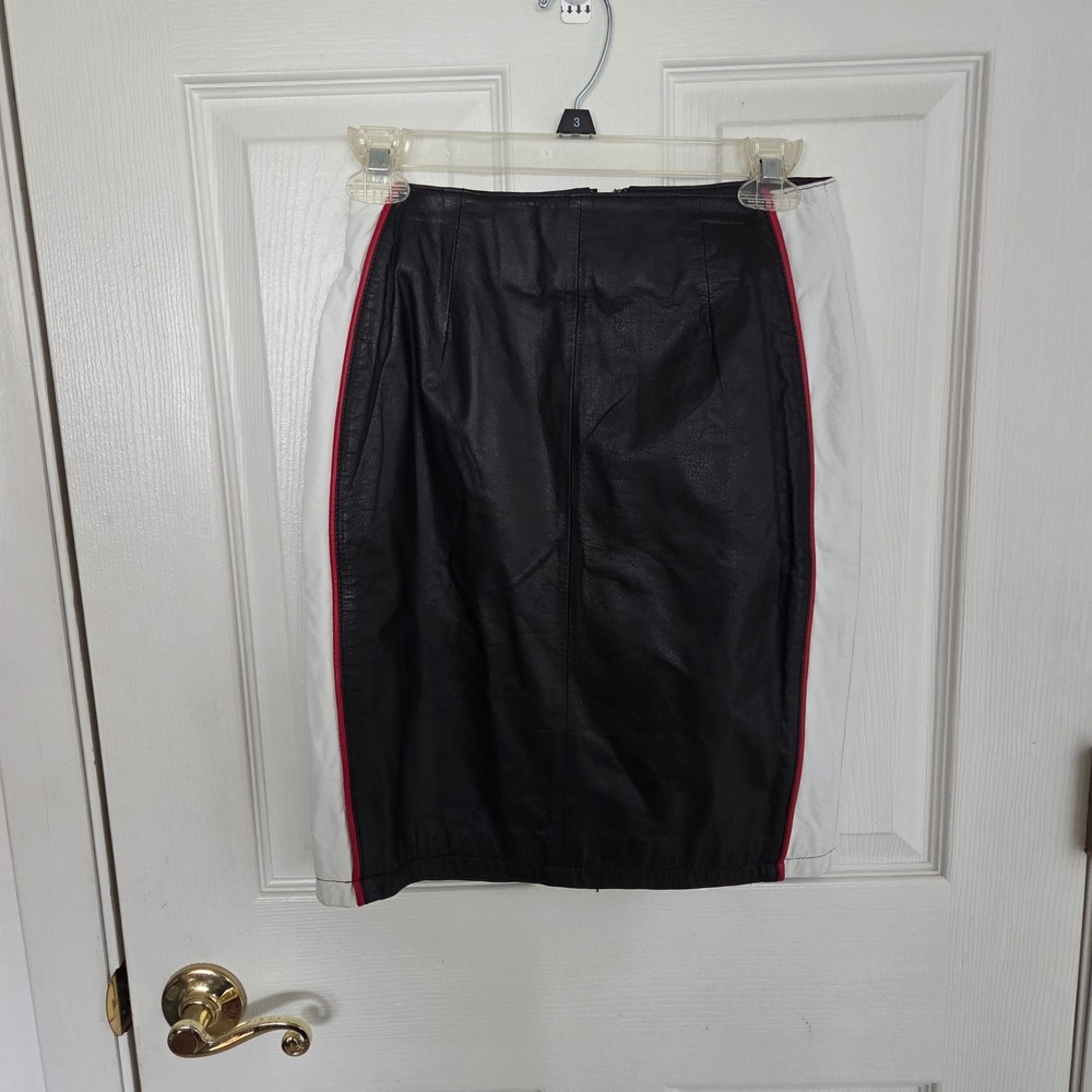 Chia Vintage‎ Black Leather Pencil Skirt White Red Colorblock Racing Stripe Sz 4